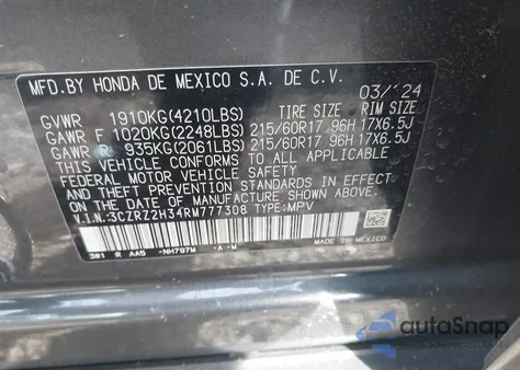 2024 Honda Hr-V Awd Lx z USA, uszkodzony, nr VIN 3CZRZ2H34RM777308
